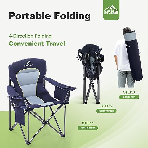 Miniatura 9 de LETS CAMP Silla de camping plegable de gran tamaño portátil para exteriores silla de césped con soporte para tazas bolsillo de almacenamiento y