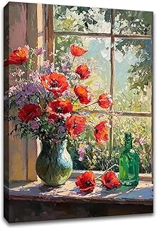 Red Poppies Countryside Window Wall Art Poster Print,Vintage Flowers Oil Painting Summer Room Decor Bathroom Picture Poster,Naive Painting Gallery Wall Decor (Frame-style, 08x12inch(20x30cm))