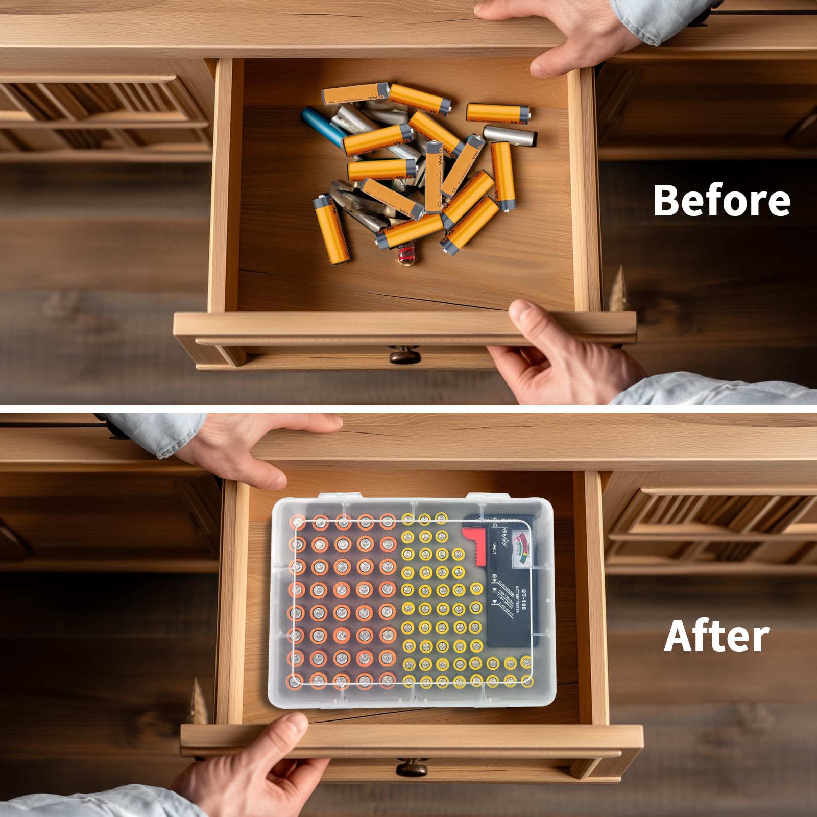 Casmilee Batterie Aufbewahrungsbox, Batteriebox Hält 40 AA & 50 AAA Batterien Mit Batterietester, Batterie Box Organizer Aufbewahrung aus Kunststoff, Batteriekasten, Akku Tasche (Nur Box)