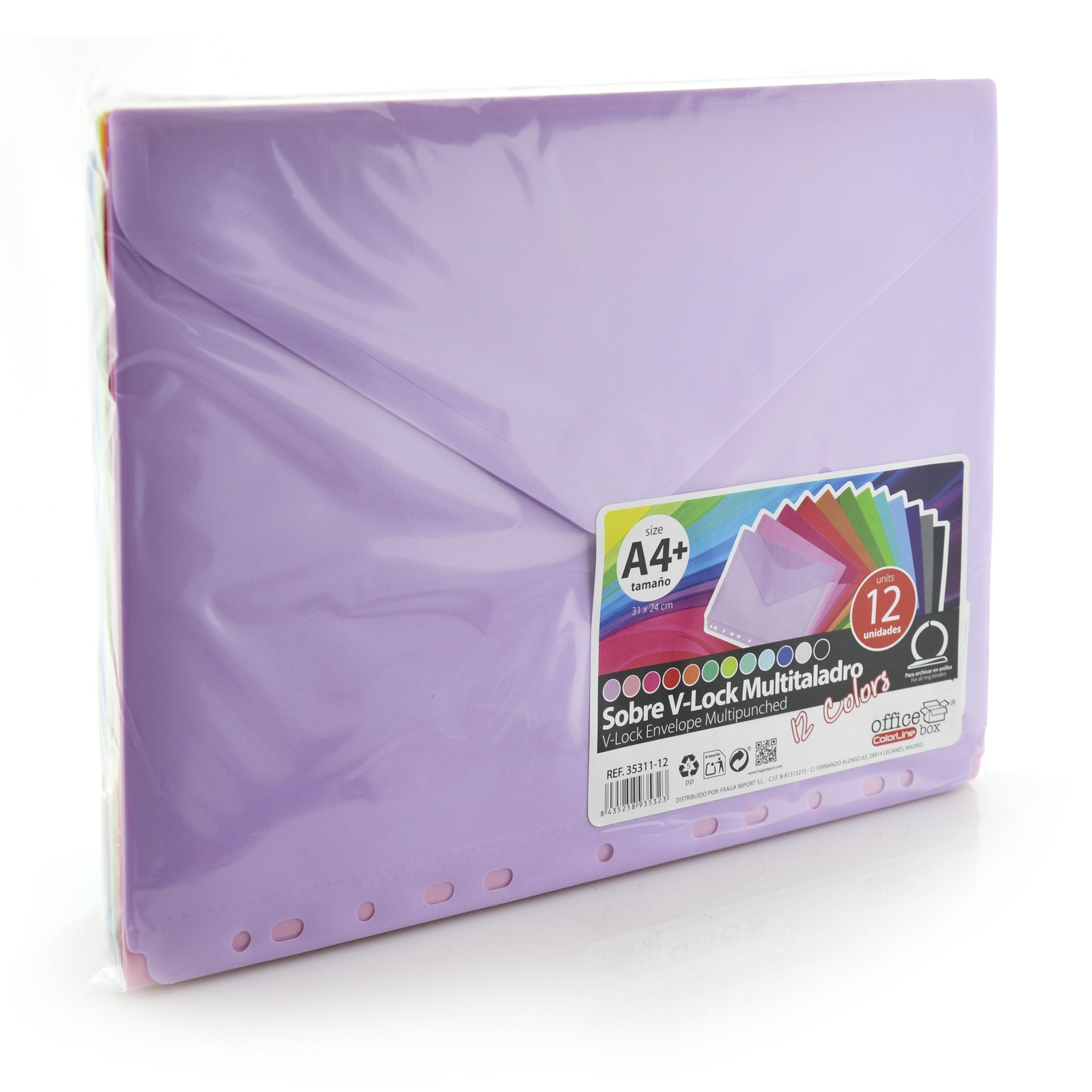 Pack de 12 Sobres con Cierre V-LOCK en Polipropileno, 100% ECO - Tamaño A4+ Para archivar en Carpetas de anillas con 12 Colores sólidos Colorline en acabado Soft Touch by Office Box.