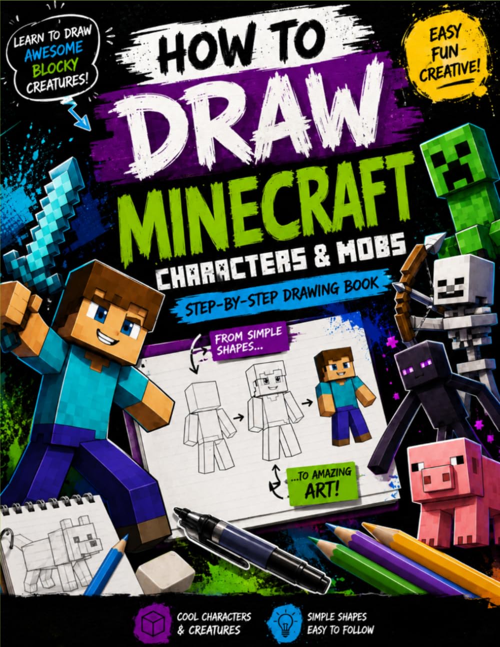 How To Draw: blocky Characters & Mobs step-by-step