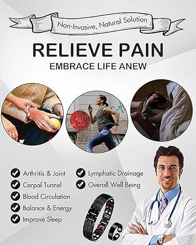 Vista 44 de Feraco Pulsera magnética de acero de titanio para hombre con doble fila de 4 elementos imanes, regalos para el día del padre Negro,Negro