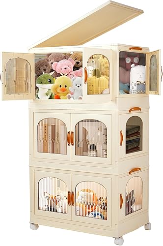 Nisorpa Contenedores de almacenamiento de plástico de 66 galones con tapas, paquete de 3 cajas de almacenamiento plegables apilables con ruedas,