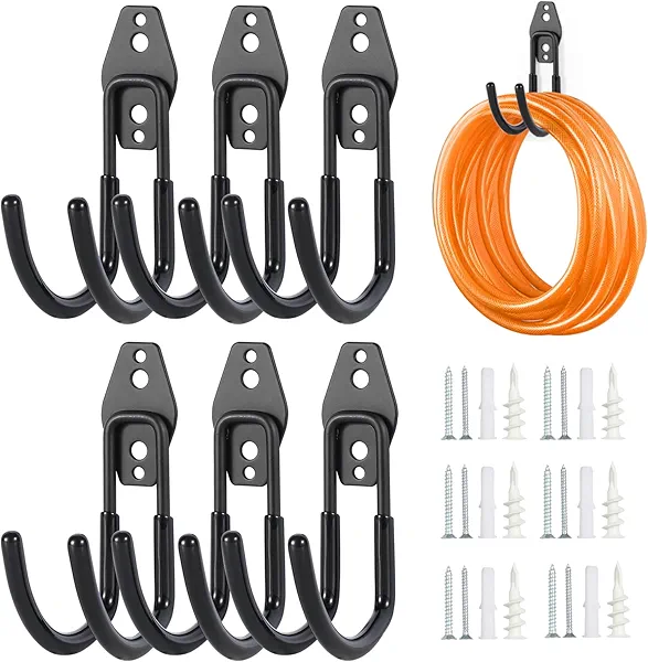 Pruite Garage Tool Hooks Wall Mount, 6 Pack Heavy Duty Storage Hooks for Garden Tools, Wall Hooks for Garden Hoses, Brooms, Ladders, Garage Storage and Organization Accessories