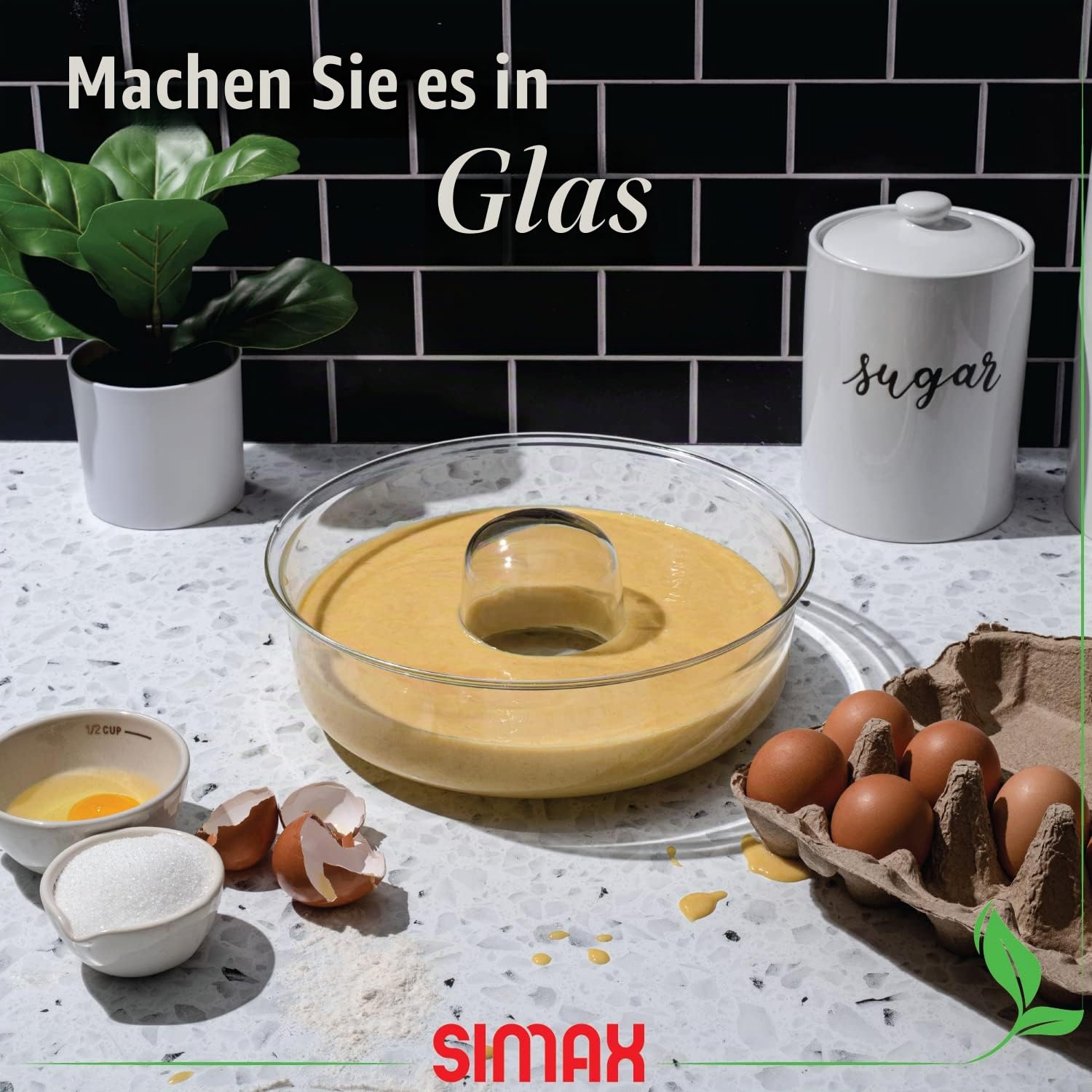 SIMAX Gugelhupfform aus Glas, flach (12,1 cm), hitze-, kälte- und stoßfest, für 8,4 Tassen, hergestellt in Europa, ideal für Ringkuchen, Pudding, Desserts, Affenbrot und mehr