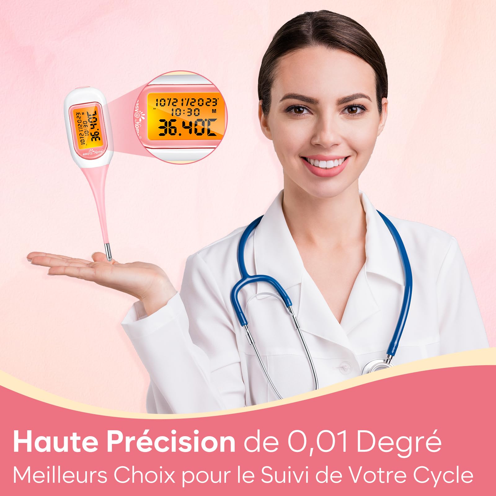 Easy@Home Thermomètre basal bluetooth suivi d'ovulation contrôle du cycle avec Premom APP Française (iOS et Android),1/100e de degré, thermomètre avec TBC Sync et rétroéclairage LCD (Rose)
