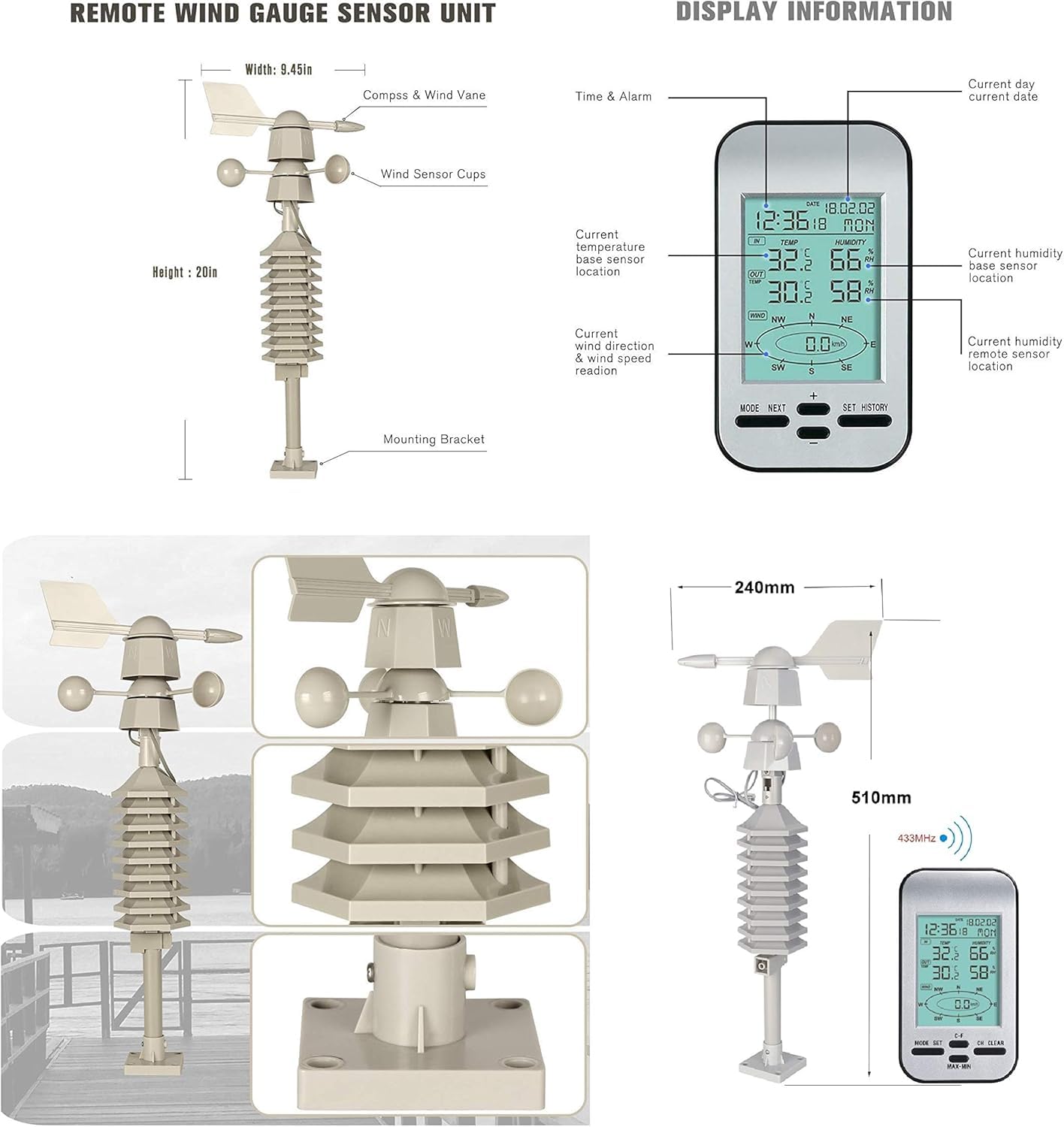 Stazione meteorologica Wireless Digitale Professionale con velocità del Vento, puoi osservare la velocità del Vento, la direzione del Vento, la Temperatura e l'umidità Interna ed Esterna, co
