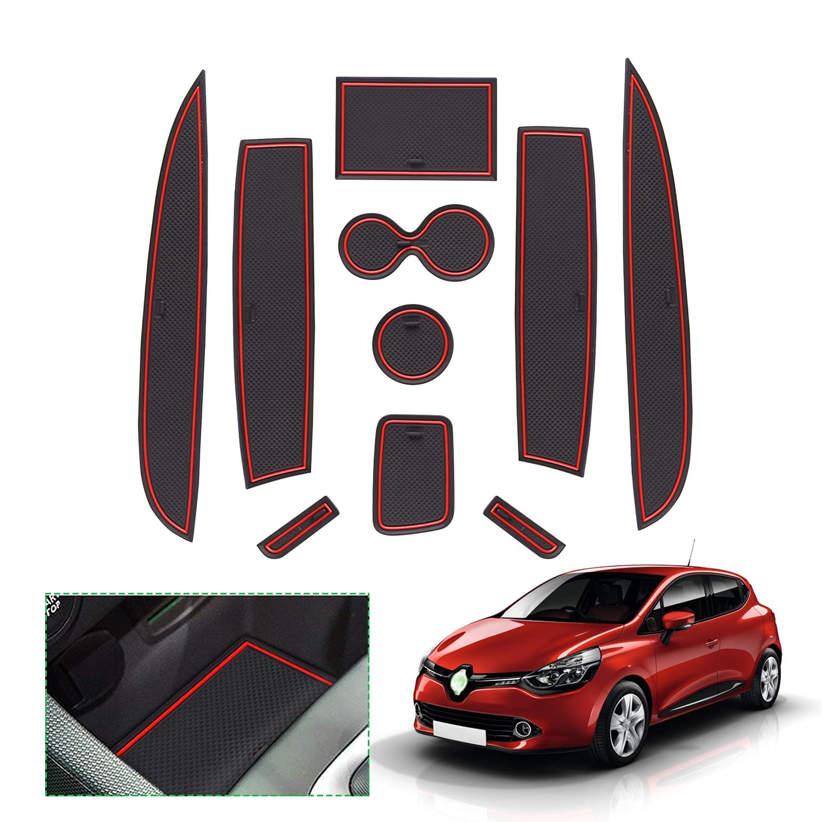 GAFAT Clio 4 2013-2019 - Tappetino antiscivolo in gomma per console centrale, bracciolo, portabicchieri, cuciture porte (rosso)