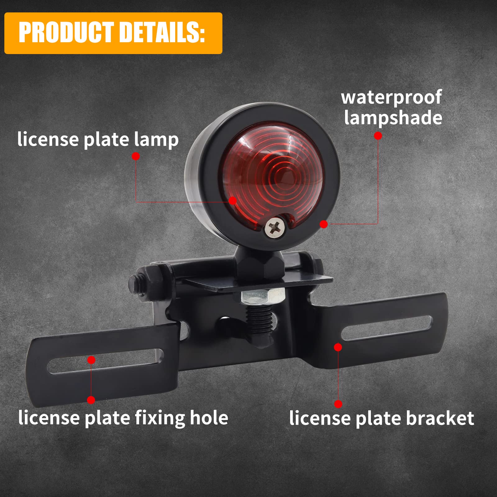 YnGia Motorcycle Bullet Tail Light With License Plate Bracket Holder Brake Stop Light For Cafe Racer Bob-ber Custom Cho-pper Black Shell Red Light