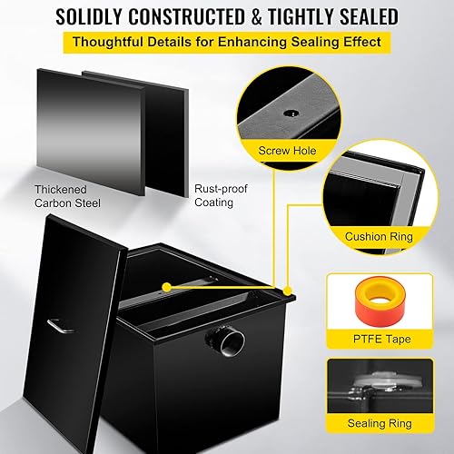 Miniatura 5 de Interceptor de grasa comercial de 8 libras, trampa de grasa de acero al carbono 4 GPM, trampa de interceptor de grasa con entrada de agua lateral,