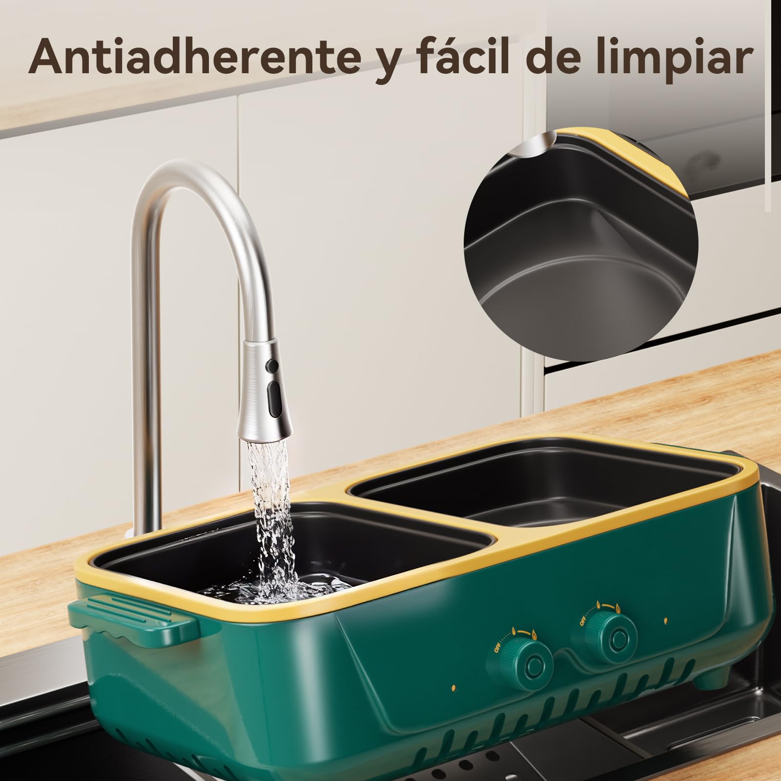 Olla eléctrica y parrilla 2 en 1, doble control de temperatura, calentamiento rápido - Electrodoméstico para cocinar en interiores: ideal para barbacoas, filetes, fideos y más - Hasta 4 pers (Verde S)