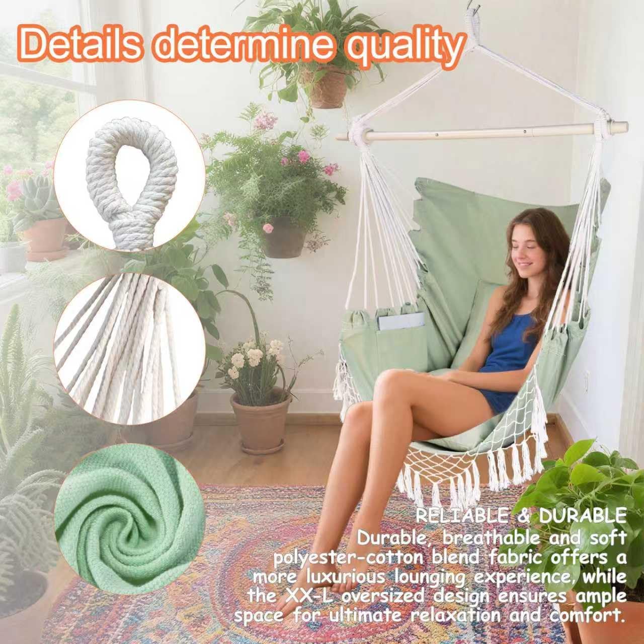 Hammock Chair Hanging Rope Swing Chair,Max 450 Lbs, Large Hanging Chair with Pocket, 2 Cushions, Steel Bar with Anti-Slip Rings, Hardware Kit Included, Comfortable for Indoor Outdoor (Green)