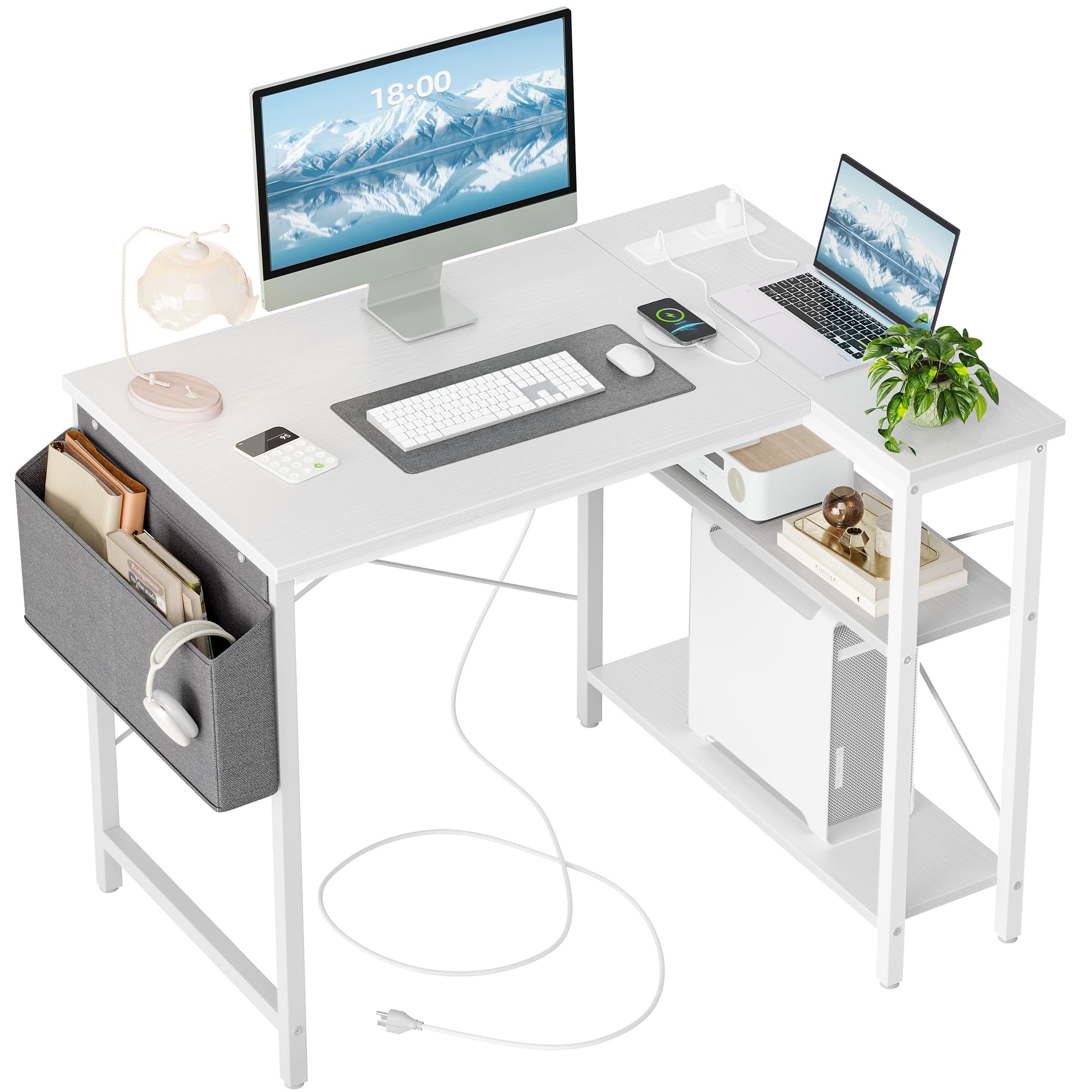 TIQLAB Small Computer Desk with Power Outlets, 40 Inch L Shaped Desk with Reversible Shelves, Gaming Desk Corner Desk Study Writing Desk for Home Office Bedroom Small Space, White