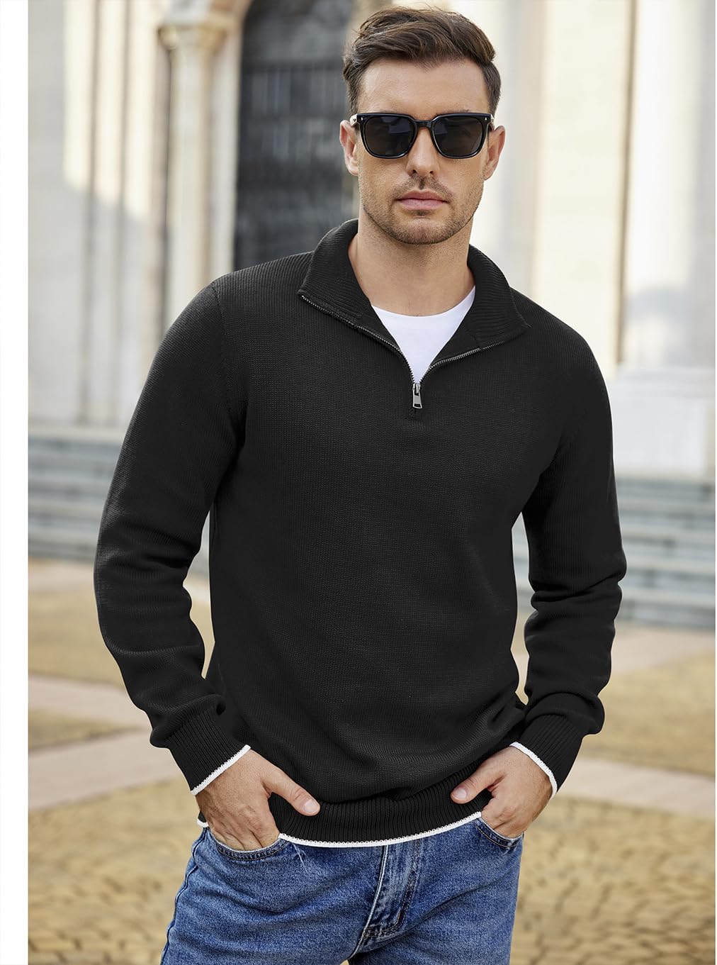 COOFANDY Men's Quarter Zip Up Pullover Slim Fit Lightweight Mock Neck Long Sleeve Sweaters - Image 4
