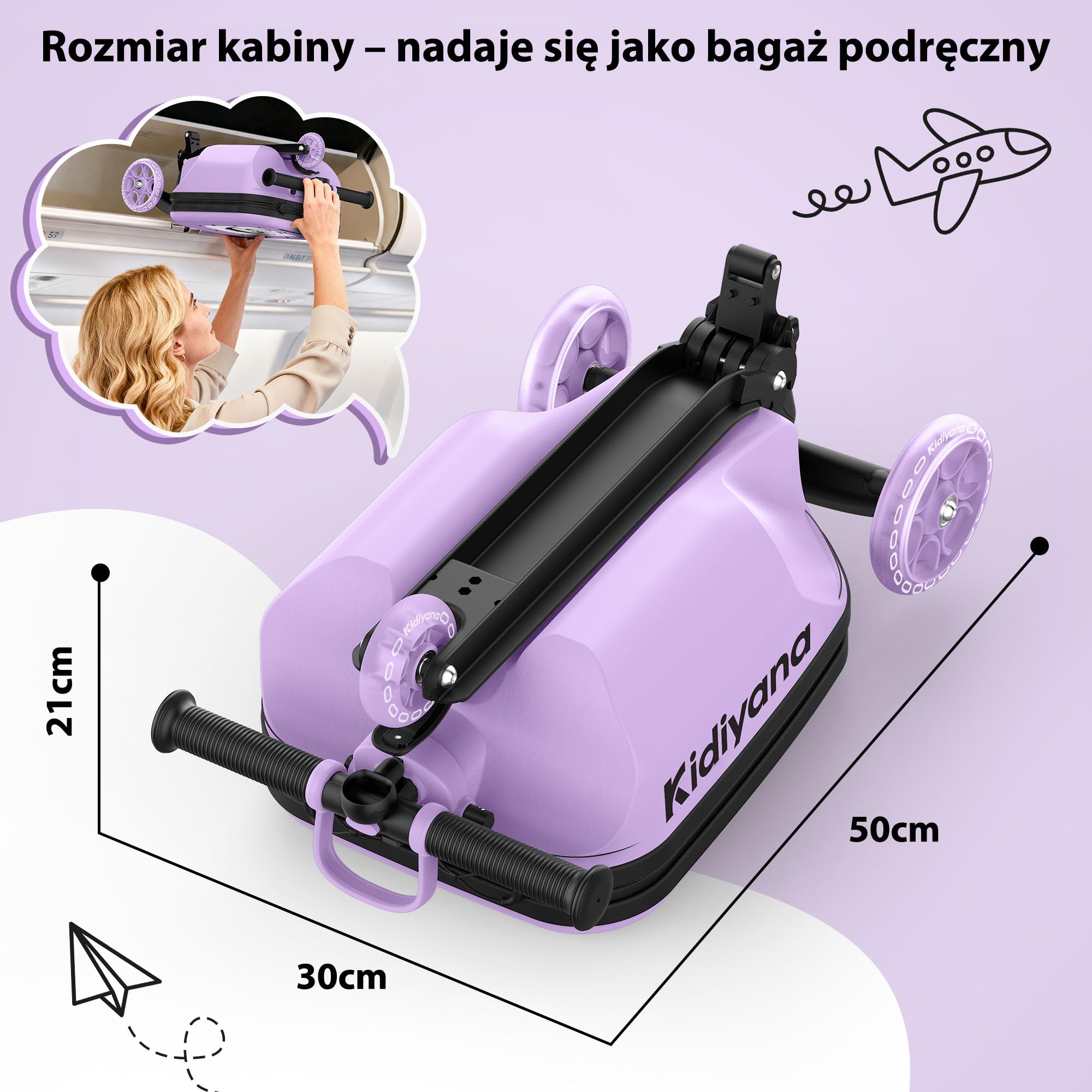 Hulajnoga dziecięca z walizką, walizka podręczna z hulajnogą, koła LED, regulowana wysokość kierownicy, okienko A5, powiększenie schowka 7 cm, prezent dla malucha 2–8 lat, do 50 kg
