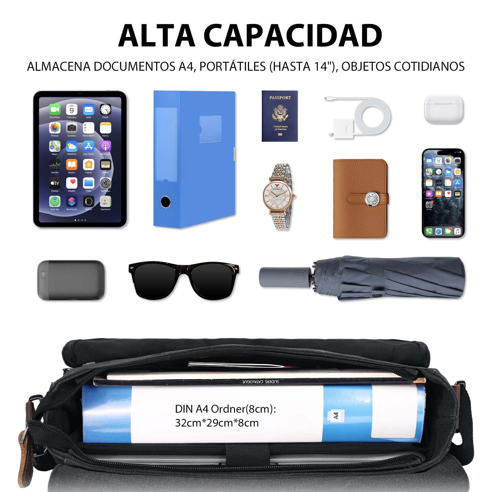 Leathario Bolso Bandolera de Lona y Piel para Hombre, Bolso de Hombro Tela para Uso Diario, Bolso Mensajero para Ocasiones como Viajes, Ferias, Compras, Trabajo y Universidad