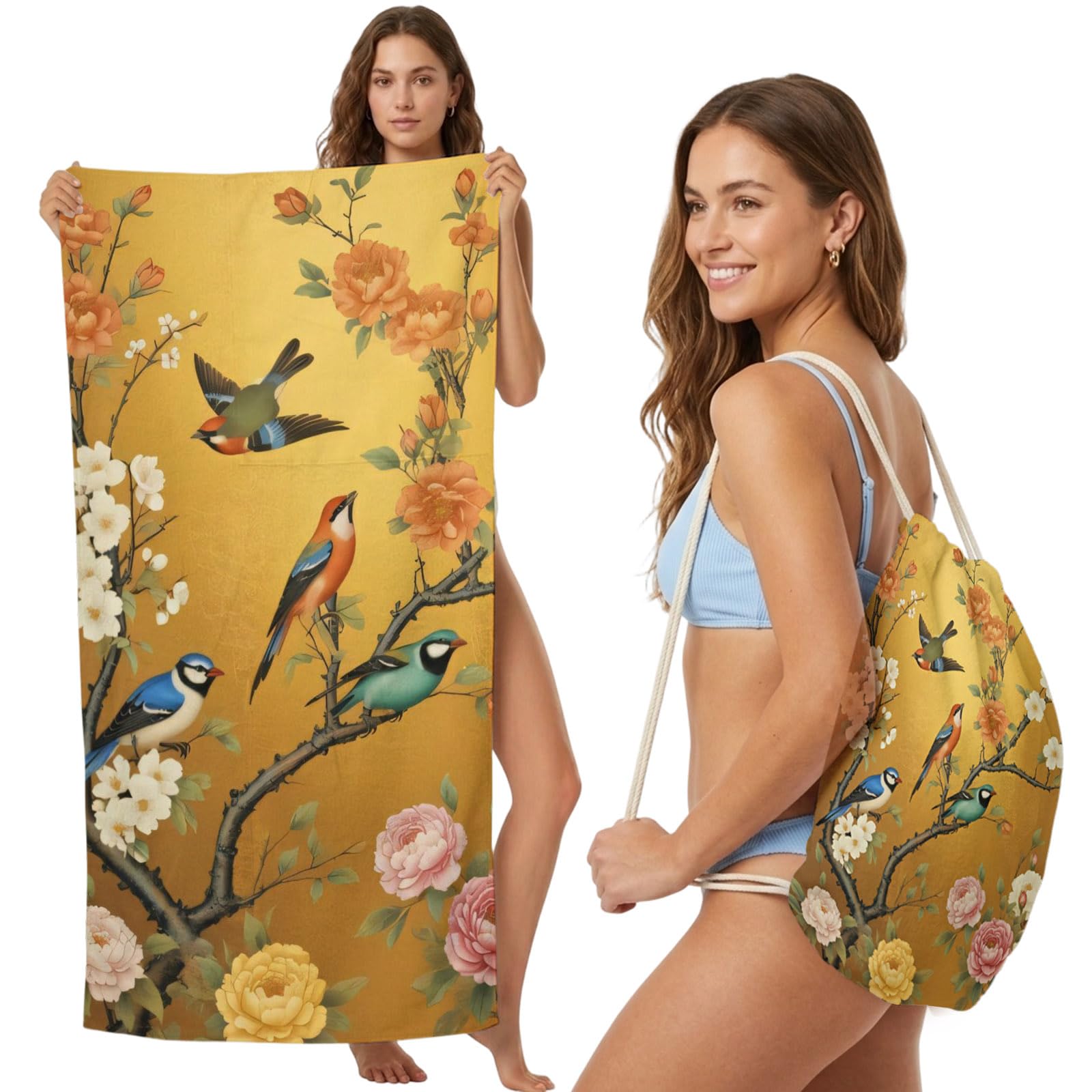 FWJZDSP Beach Towel Bag 2 in 1 Bird Peony Floral Bath Pool Towels Backpack Vintage Branches Chinese Style Absorbent Beach Towel Soft Quick Dry Towels Drawstring Bag for Travel Camping Sports Picnic