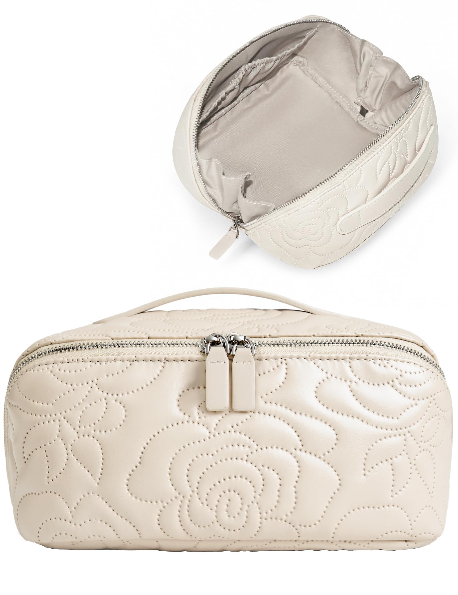 Popvibe Open Flat Makeup Bag Travel Cosmetic Case for Women, Large Capacity Toiletry Travel Bag with Zipper, Portable Aesthetic Floral Make Up