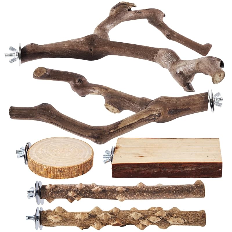 Poleiros para Aves em Madeira Natural LIMIO com Plataformas e Galhos Variados LM-087 – Conjunto com 6
