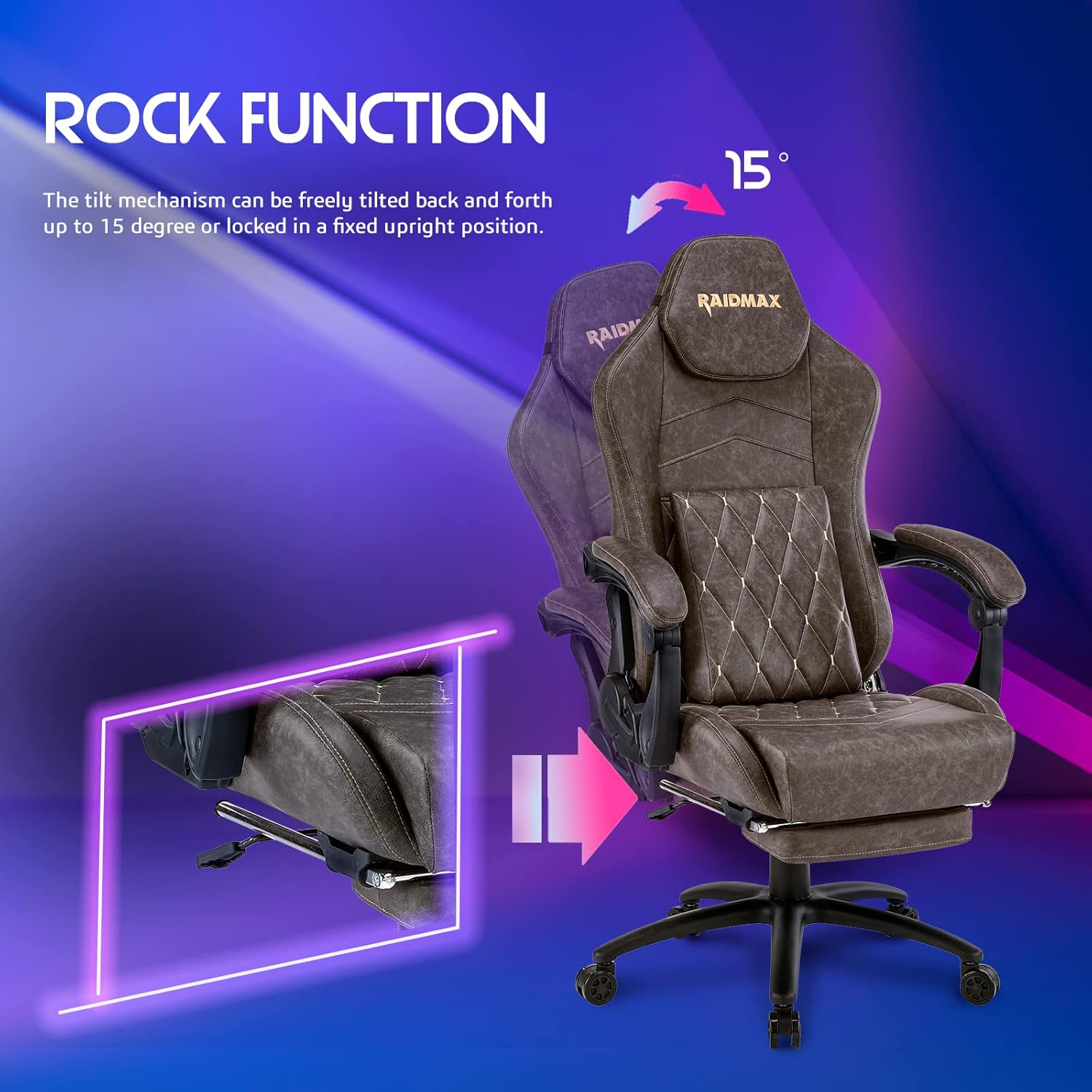 Raidmax Extra-Large Size Gaming with Lumbar Support, Marble Gray Distressed Plain Breathable Leather Texture, High Back Adjustable Swivel Task Chair with Footrest (Brown)