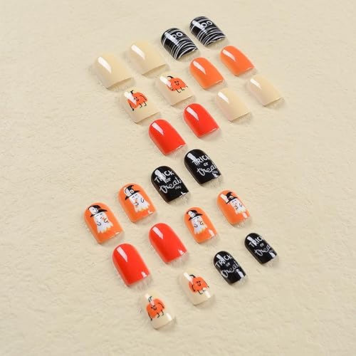 Miniatura 3 de 24 uñas postizas cortas cuadradas para Halloween, color naranja, negro, calabaza, fantasma, uñas acrílicas artificiales con pegamento, uñas