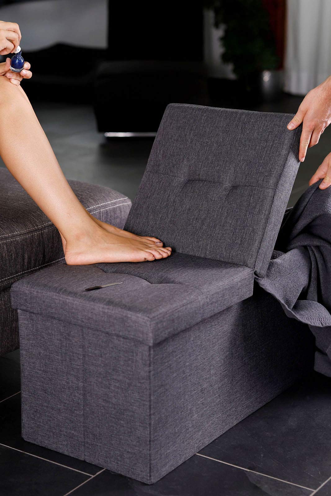 tavora Sgabello cassapanca pieghevole Panca con Contenitore con Coperchio a Cerniera 76x38x38 cm, in Lino Grigio | Panca contenitore stabile con rivestimento in lino, ampio spazio e coperchio a cerniera per soggiorno, ingresso o camera