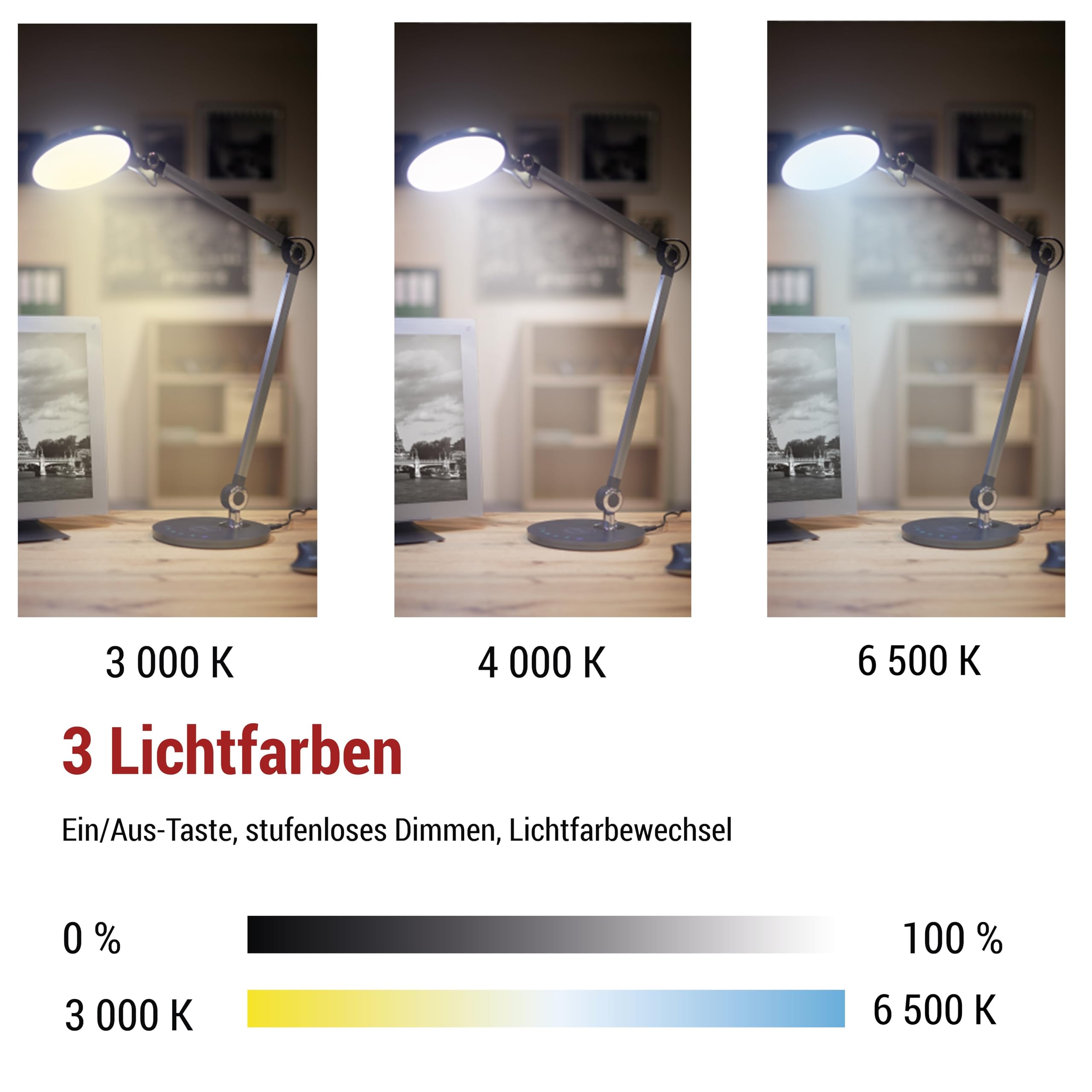 EMOS Karen - Lampada da tavolo a LED, 9,2 W, ricarica wireless per cellulare, super luminosa, 640 lm, dimmerabile, colore della luce regolabile (3000/4000/6500 K), cavo di ricarica da 1,3 m, con