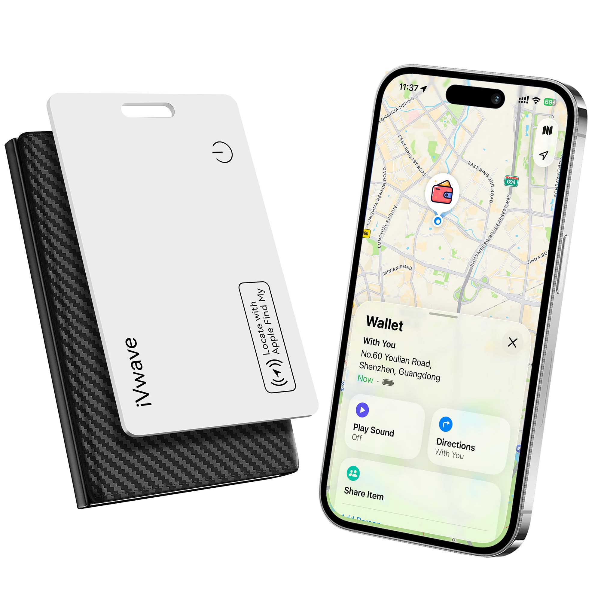 1pcs Wallet Tracker Karte Kompatibel mit Apple Wo ist ? APP(nur iOS) | 1.7mm Dünn, Kabelloses Laden, 80-100dB Alarm, IP68 Wasserdicht, Getrennt-Warnung, für Portemonnaie,Reisepass, Weiß