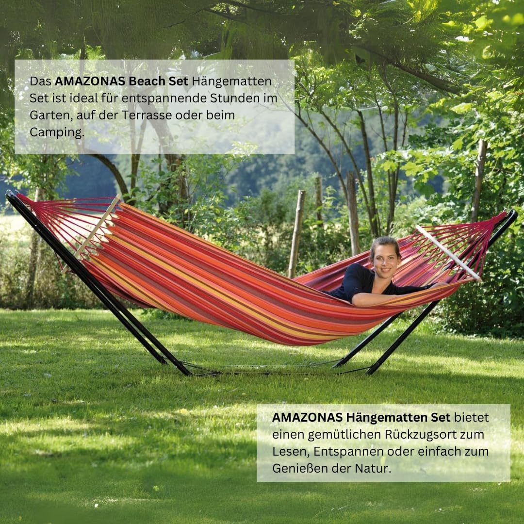 AMAZONAS - Beach Set Hängematte Vulcano | Hängematte mit stabilem Stahlgestell | Belastbar bis 100 kg, Liegefläche 200 x 100 cm