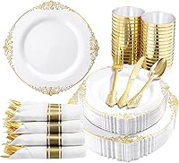 Nervure 350PCS White & Gold Plastic Plates Set for 50 Guests - Disposable Dinnerware with Plates, Utensils, Cups & Napkins for Weddings & Parties