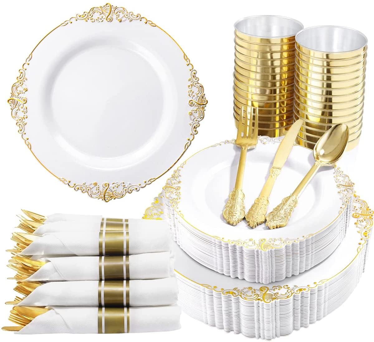 Nervure 350PCS Gold Plastic Plates - Gold Plastic Dinnerware Sets for 50 Guests - 100 Disposable Plates, 150 Silverware, 50 Cups, 50 Napkins for Wedding & Party & Thanksgiving