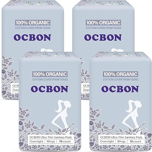 OCBON Almohadillas sanitarias ultrafinas durante la noche - Funda de algodón tejano 100% orgánico con alas (13.8 in, 40 unidades)