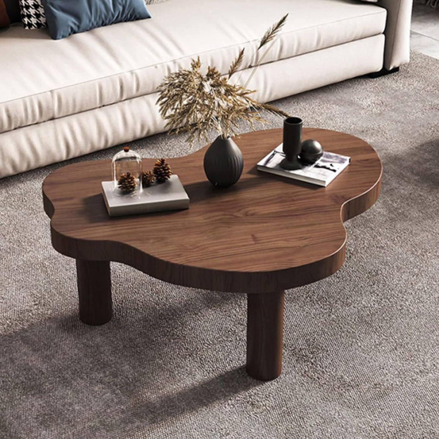 SXZenSpace Cloud Shaped Coffee Table, Solid Wood Living Room Sofa Small Side Table/Bedroom Wooden Table,Walnut-60x35x40cm