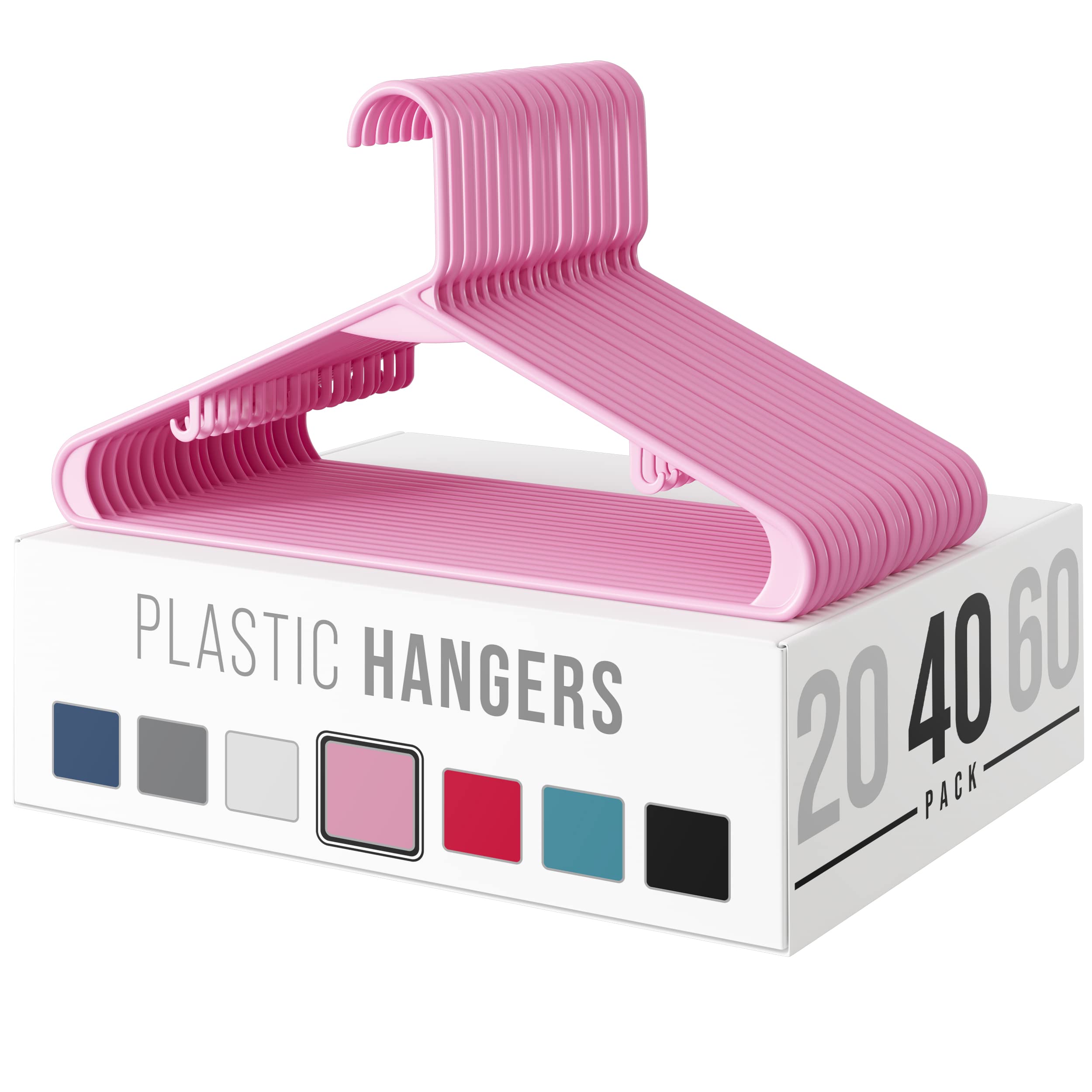Plastic Clothes Hangers (20, 40, & 60 Packs) Heavy Duty Durable Coat and Clothes Hangers | Vibrant Color Hangers | Lightweight Space Saving Laundry Hangers (40 Pack - Pink)