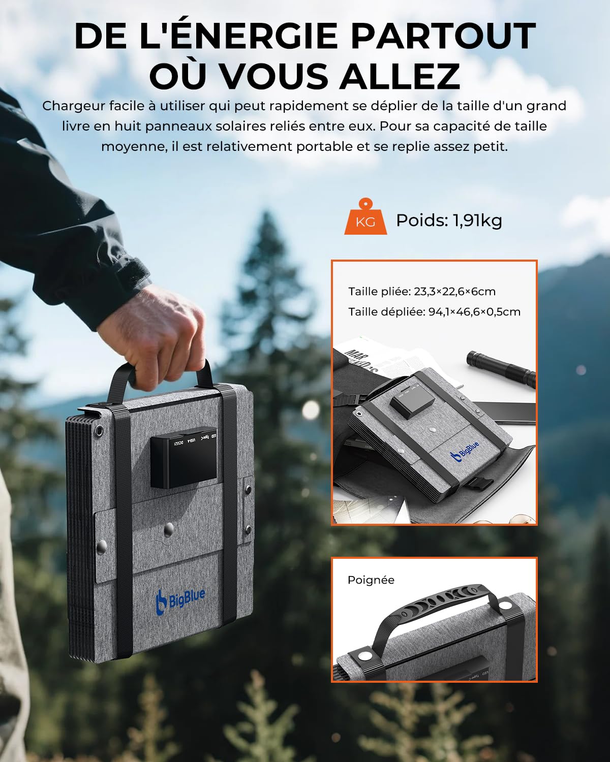 Chargeur Solaire Pliable 60W, BigBlue Panneau Solaire Portable ETFE QC3.0+PD45W+CC Sortie 22,2V【IP68 étanche et Support d'angle】pour Camping, Compatible avec Smartphone Tablette Station d'alimentation