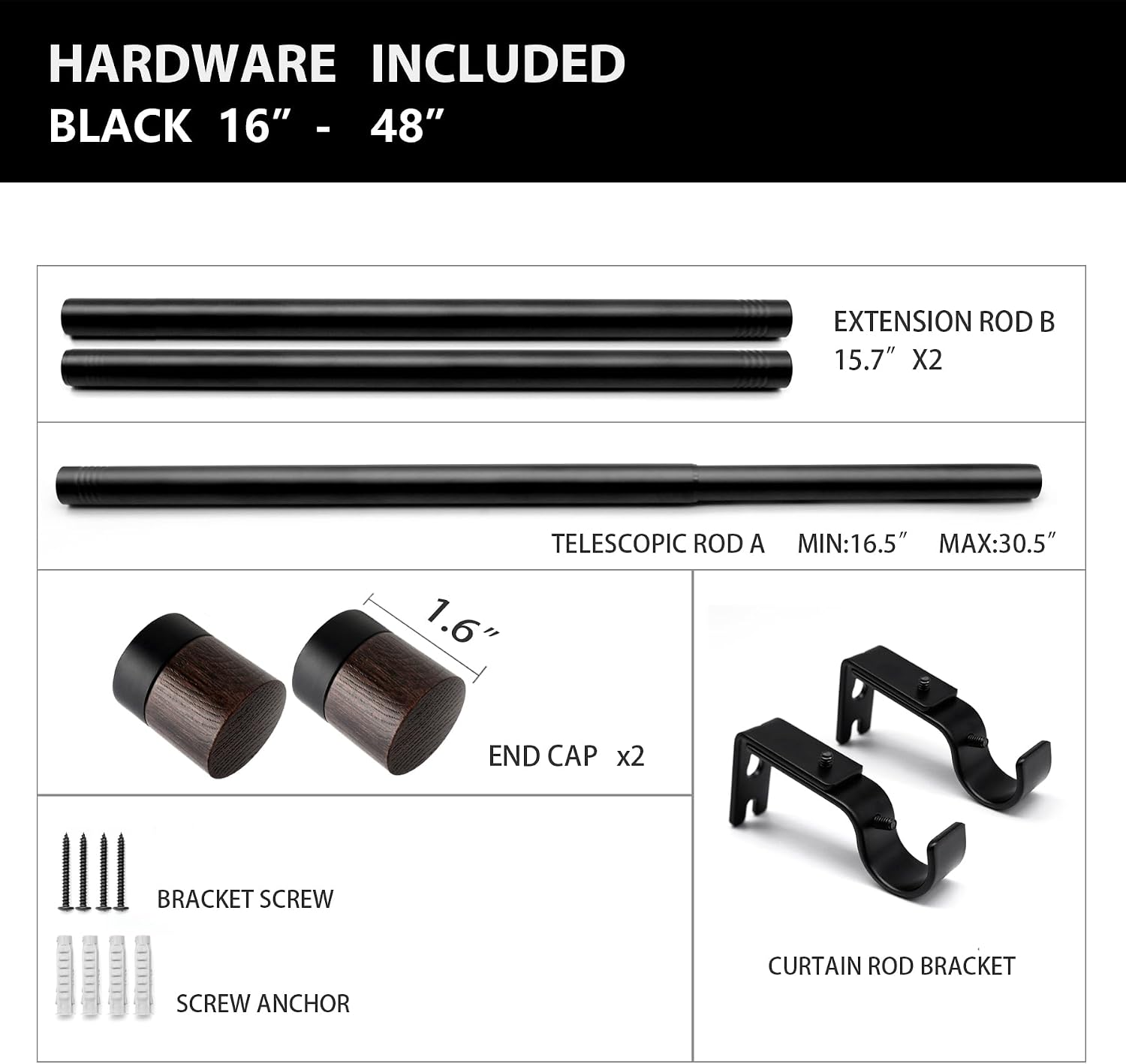 Heavy Duty Rustic Wooden Curtain Rod, 16-48 Inch Adjustable, 1 Inch Diameter Wall Mounted Dark Wood Grain Drapery Rod for Bedroom, Living Room, Study, Dining Room