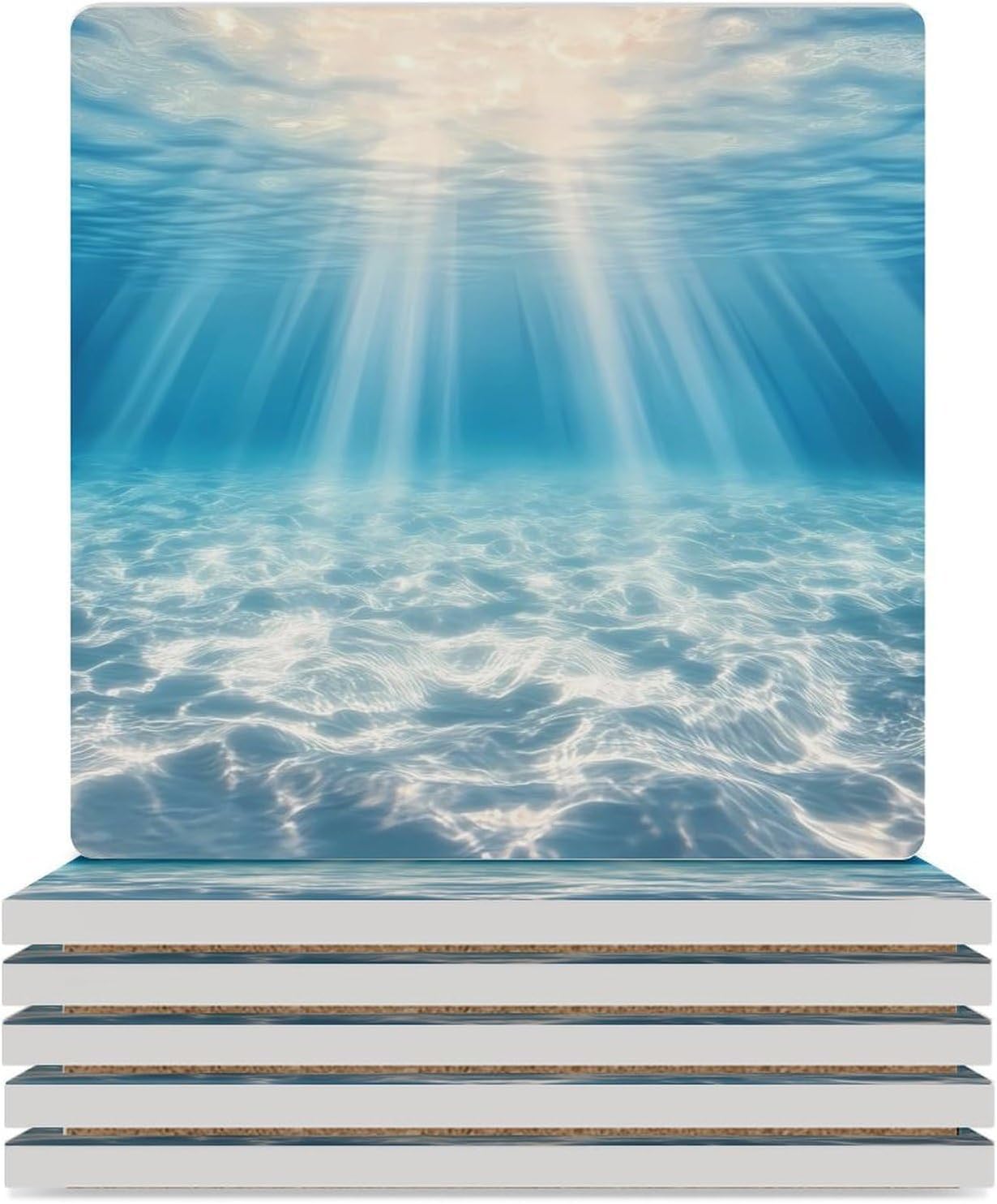 Deep Ocean Water Photograph Funny Ceramic Coasters for Drinks Absorbent Cup Holder Tabletop Protector with Cork Base
