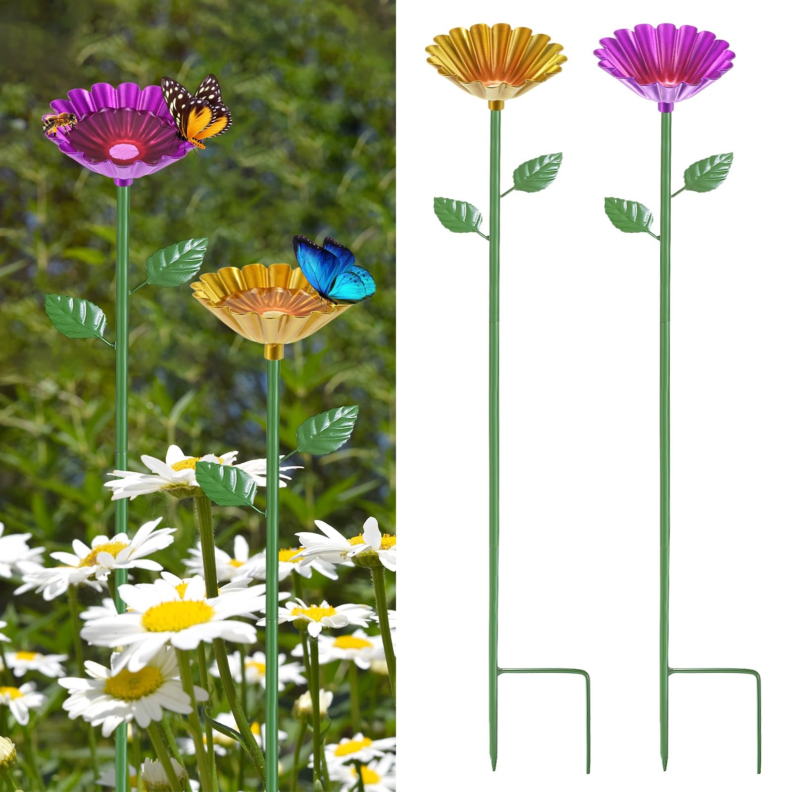M METERXITY 2-Pack Bee Watering Station, 64cm/25 Inch Iron Bee Bath for Garden Water Feeder, Colorful Butterfly Bath Bowl for Outdoor/Garden/Yard Decor [Yellow/Rose Red]