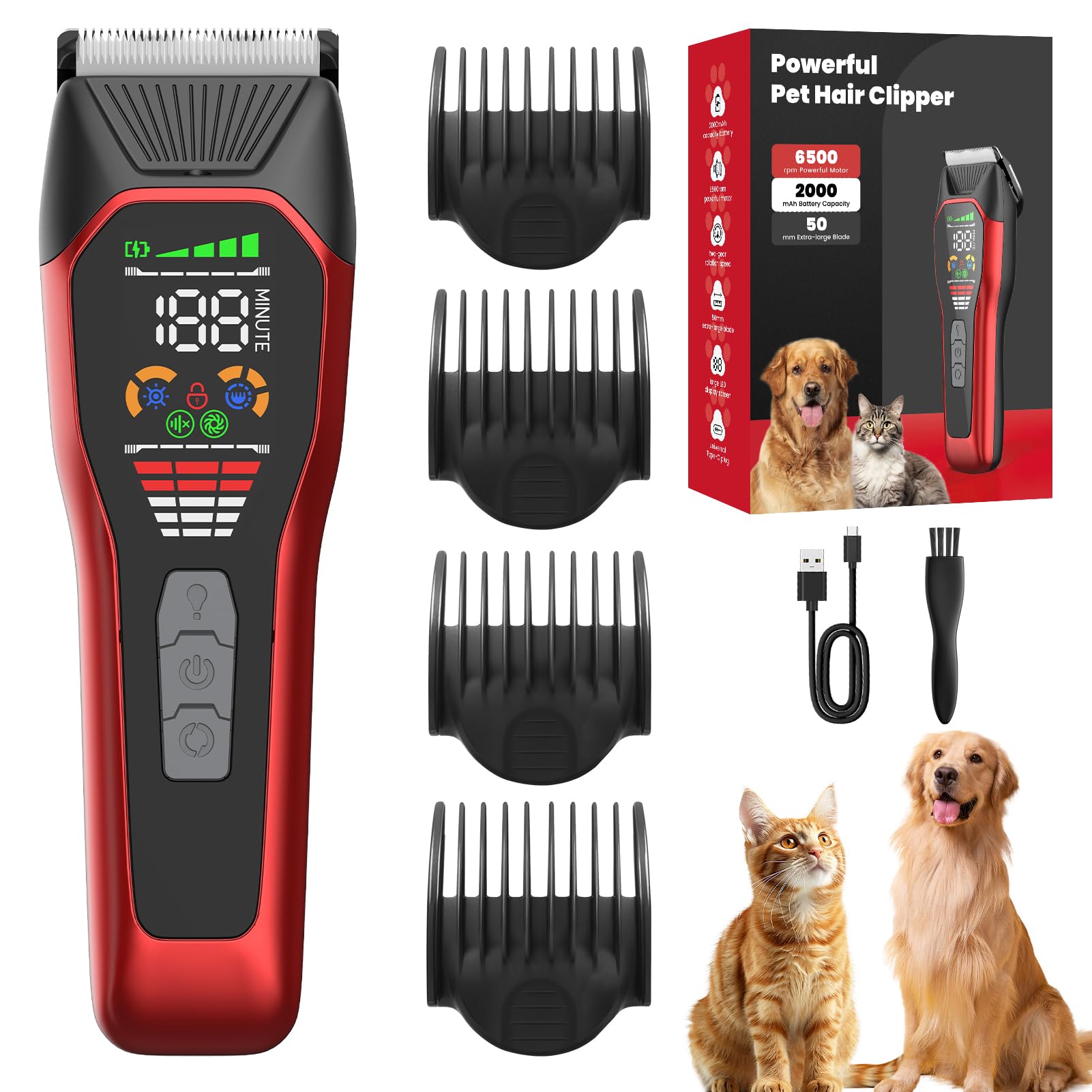 Maquina Cortar Pelo Perros para Pelaje Grueso, Cortapelos Perro de 2 Velocidades con Carga Tipo C para Animales Pequeños, Medianos y Grandes
