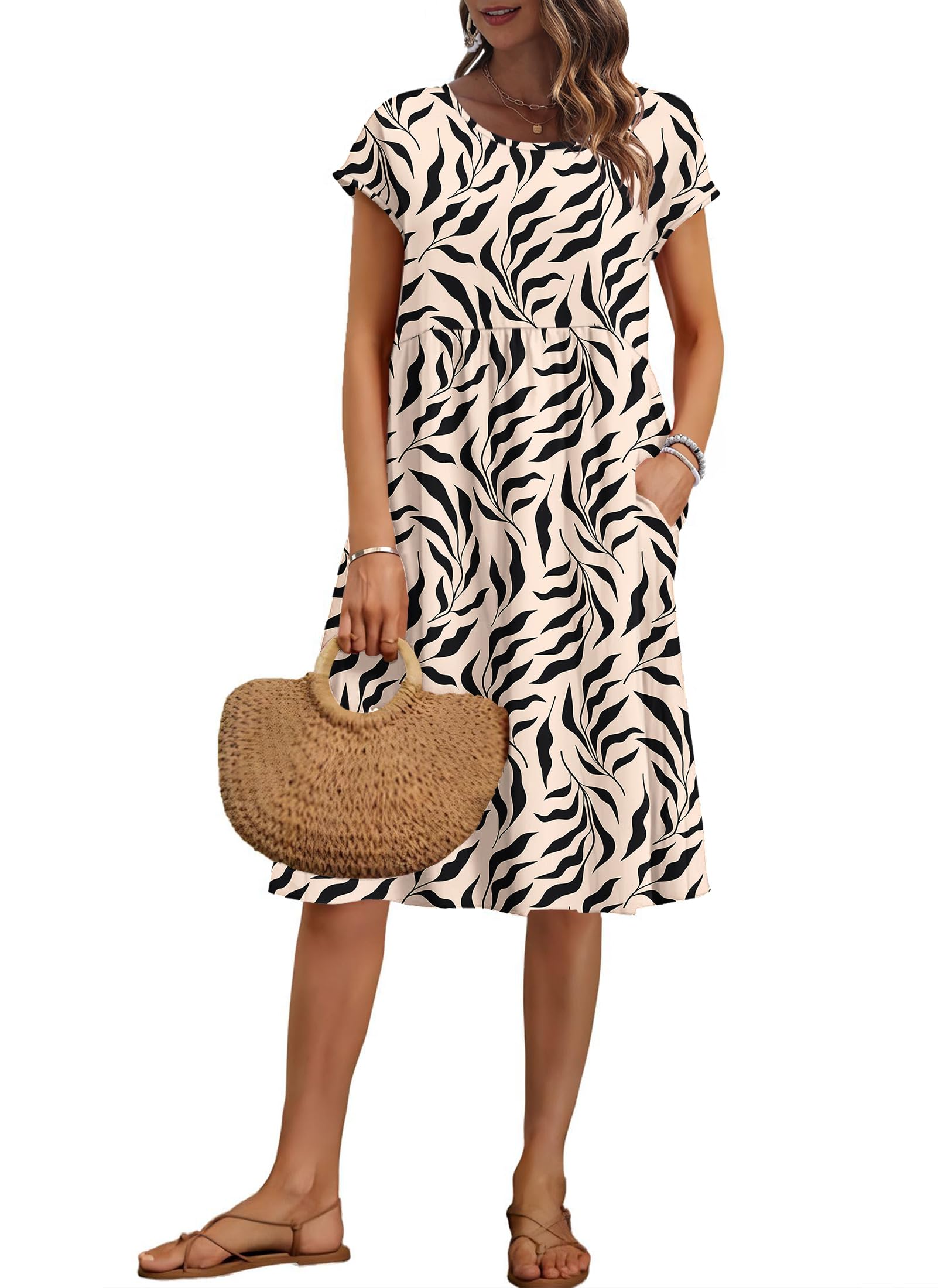 AUSELILY Women's Summer Short Sleeve Knee-Length Dresses Round Neck Loose Dress with Pockets Apricot Black Leaf XXL