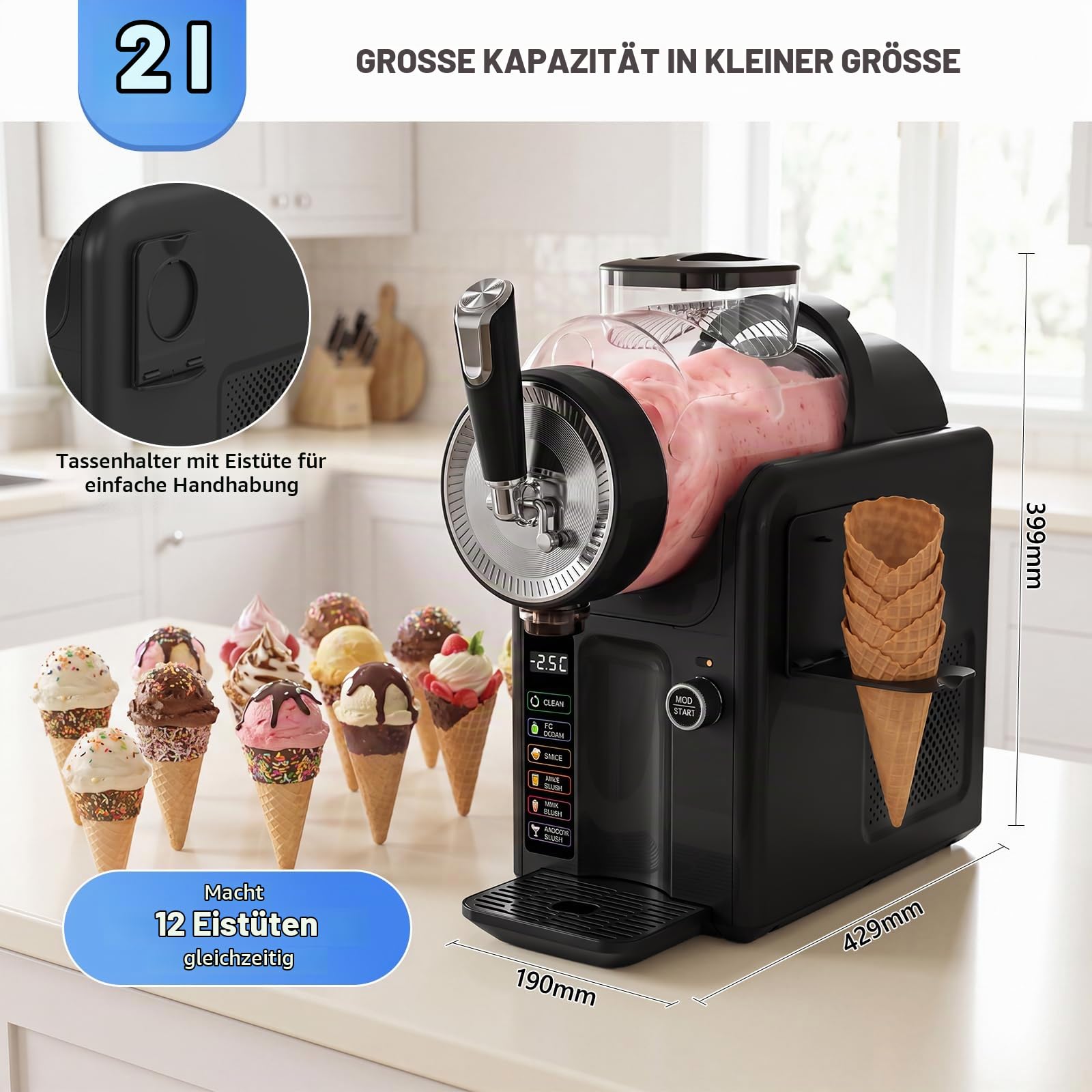 Slush Maschine,slushie maschine 2L Softeismaschine,Slushie Maschine für Zuhause,Maschine mit LED-Display,6 voreingestellte Programme für Eiscreme, Smoothies, Milchshakes, Slush-Cocktails und Margarita