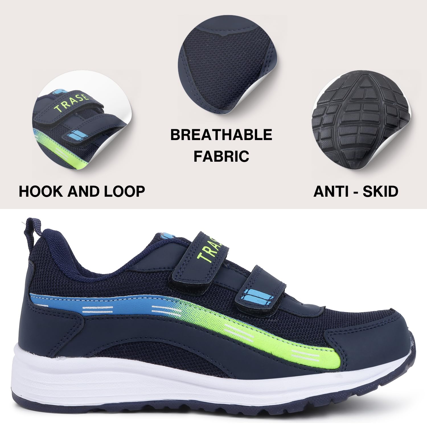 TRASE Sports Shoes for Kids | Running Shoes for Boys & Girls with Hook & Loop | Anti-Skid Comfortable Lightweight Footwear with Breathable Fabric (Navy-Green, 11 UK)