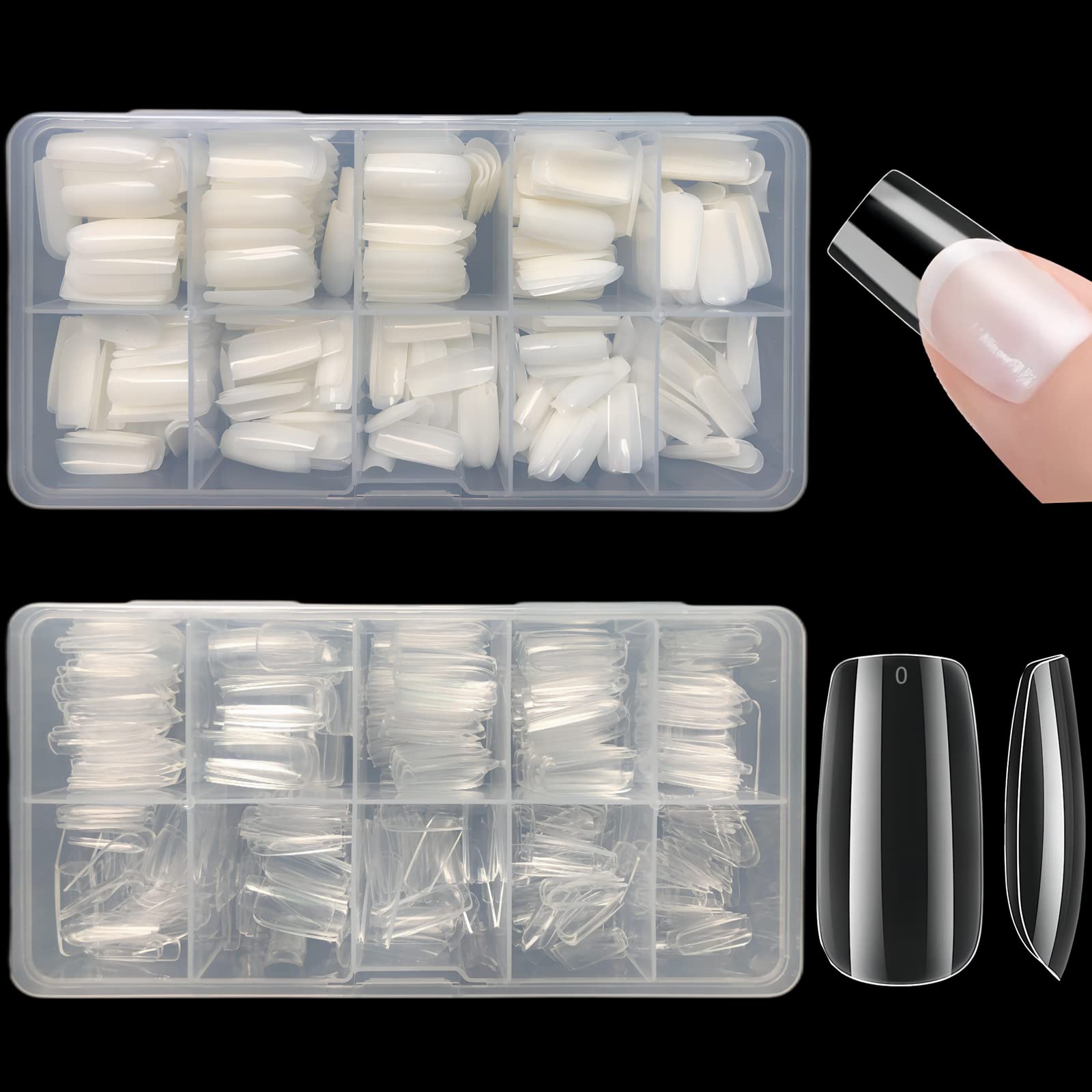 Short Square Nail Tips,1000 PCS Artificial Full Cover Fake Nails Soft Gel Tips 10 Sizes with Box for Home DIY Nail Salon (Clear and Natural 3)