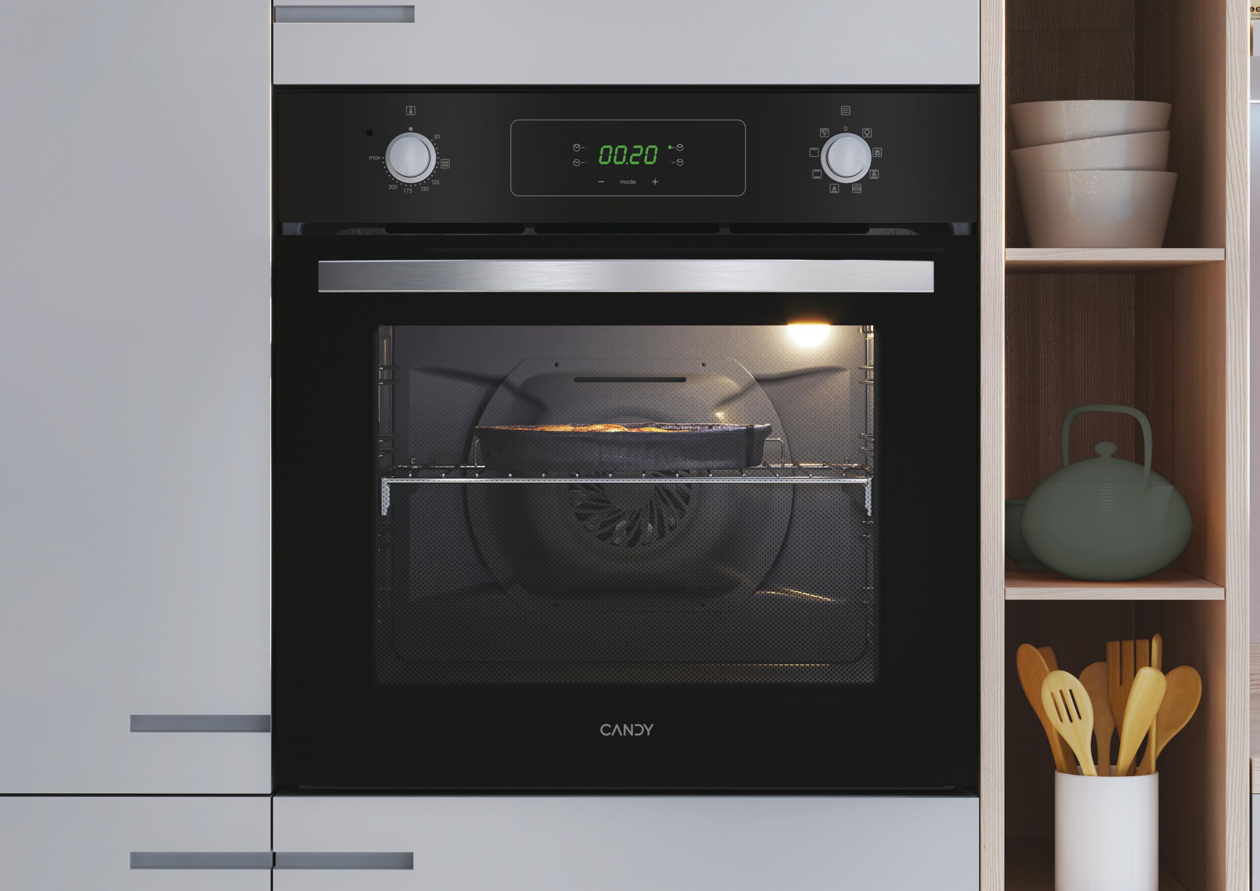 Candy Idea FIDC N625 L, Horno Multifunción, 70L, 2400W, 1 Bandeja y 2 Rejillas, Ventilación Tangencial de Enfriamiento, Limpieza Aquactiva, 8 Funciones, Mandos Push&Pull, Puerta Doble Cristal, Negro