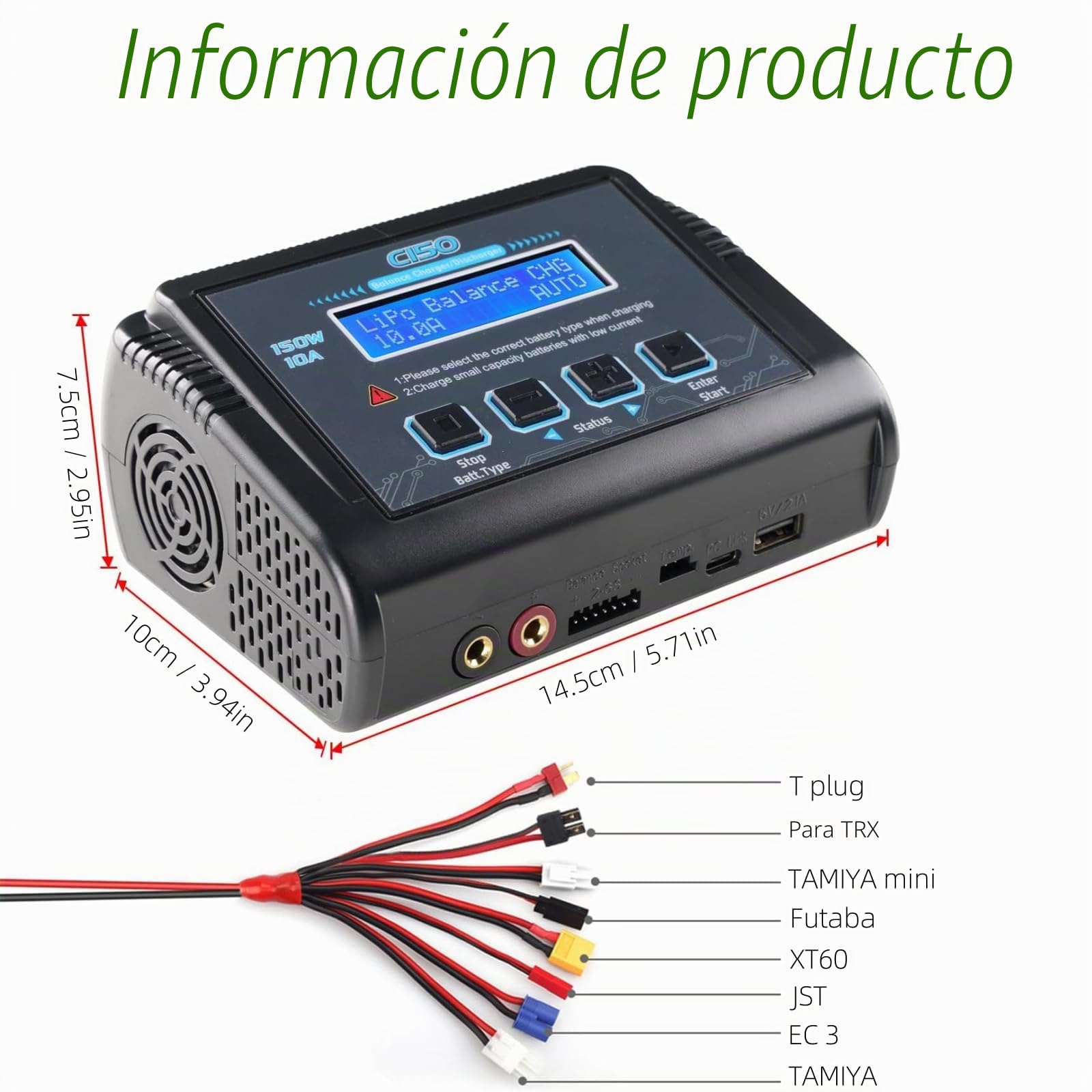 Cargador/descargador Inteligente de baterías de Litio C150 de 150 W y 10 A, Cargador RC para baterías LiPo, Li-Ion, Life, LiHV, NiMH, NiCd y PB, con Control por Pantalla LCD, múltiples interfaces