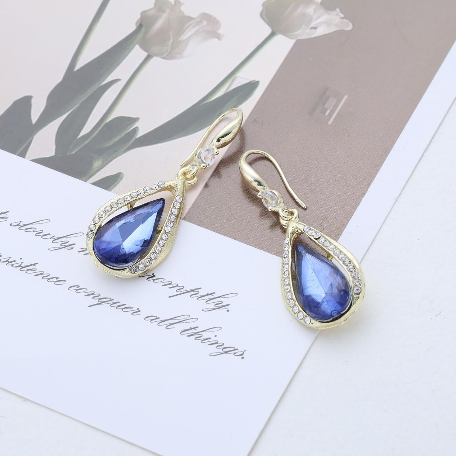 Vintage Blue Crystal Teardrop Earrings Halo Sapphire Dangle Earrings Oval Blue Rhinestone Dangle Hook Earrings Waterdrop Sapphire Cz Drop Earrings Jewelry for Women - Image 3