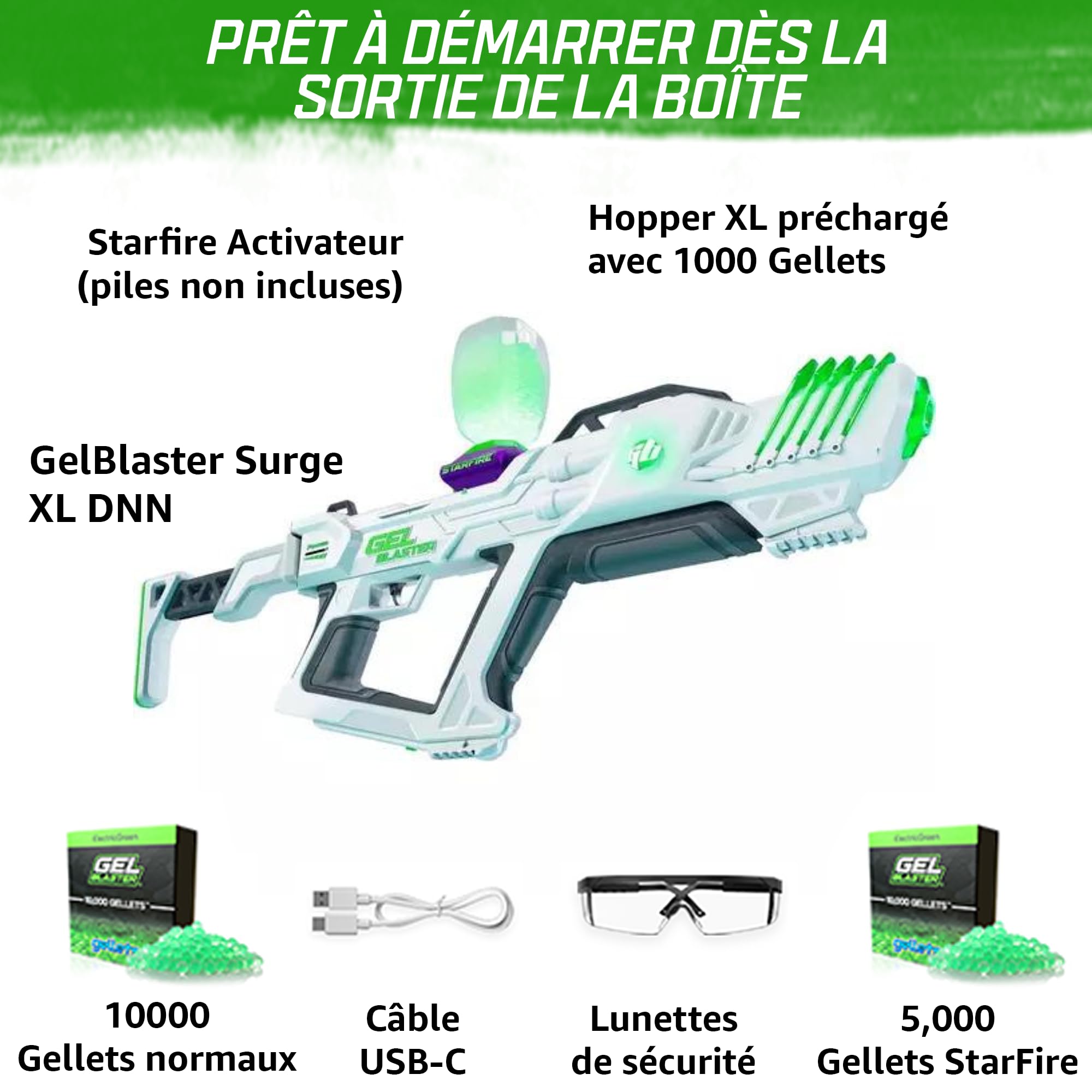 Gel Blaster Surge XL - Pistolet à Bille de Gel Électrique, 45m, 14+ | 3 modes de tir, réservoir 1.000+ gellets, batterie USB-C (4h), inclus lunettes de protection.