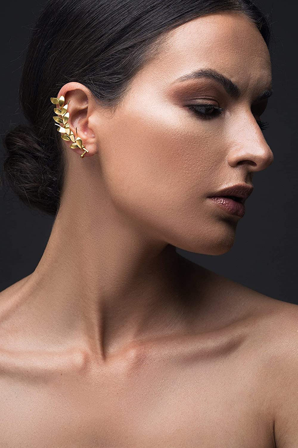 Olivenblatt Ear Cuff Ohrring ohne Ohrloch - 24K Vergoldet 925 Silber - Griechische Göttin Style - Nickelfrei Hypoallergen - Einzelner Rechts - Handmade by Emmanuela