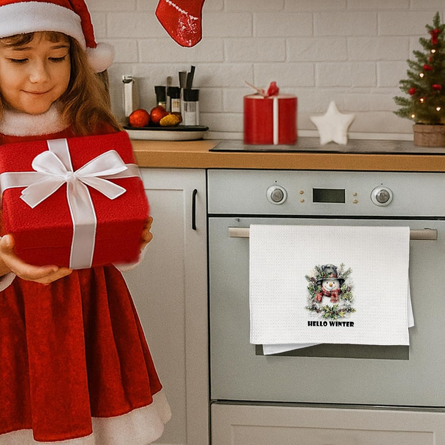 Christmas Winter Snowman Kitchen Dish Towels, Christmas Holly Pine Leaf Holiday Snowman Winter Hand Tea Towels for Kitchen Bathroom Decor, 16x24 Inch - Image 7