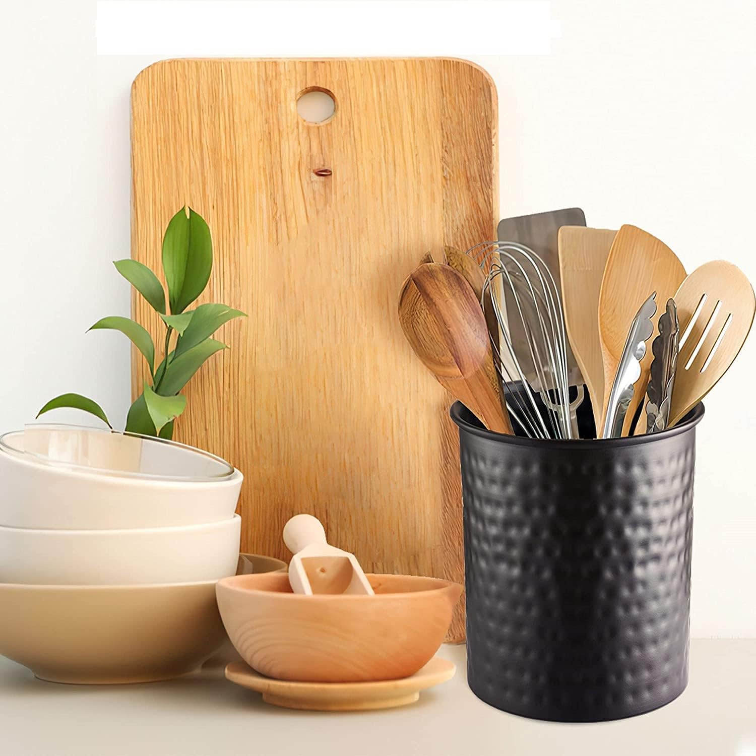 Monarch Abode Kitchen Utensil Holder – Hand Hammered Metal Black Utensil Holder, Decorative Utensil Crock for Kitchen Counter, Cooking Tool and Spatula Holder for Countertop, Caddy Organizer